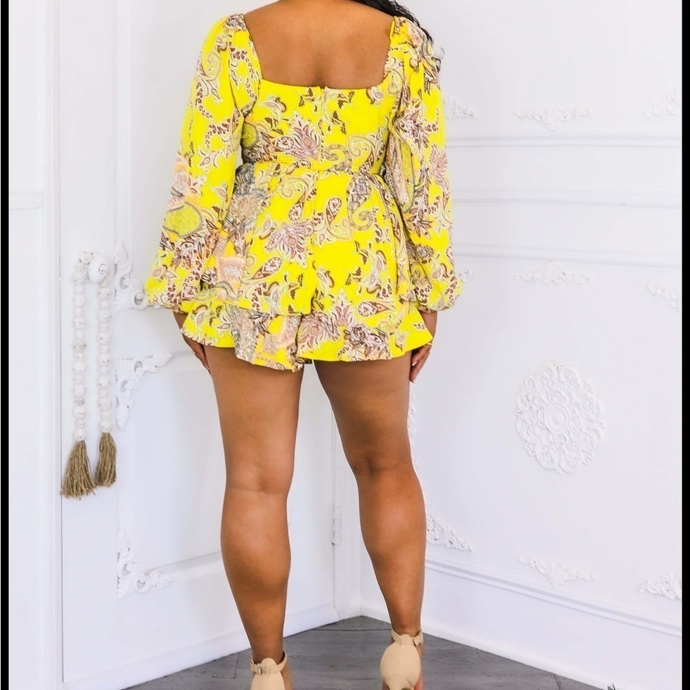 Yellow Long Sleeve Plunge Neck Romper for Cocktail - Picture 5 of 5